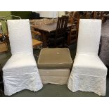 A pair of modern upholstered dining chairs; together with an upholstered ottoman, 58cm2