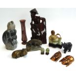 A mixed lot to include carved hard stone animals, a bird engraved C. Tandi, 23.5cmH, chameleon,