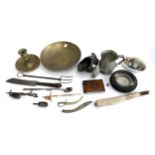 A mixed lot of mainly metal items to include a chines brass bowl, a brass candle holder, letter