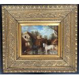 19th Century British School, indistinctly signed, Kinne? Horses standing in village ford, oil on