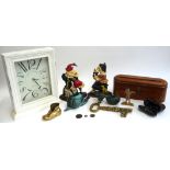 A mixed lot to include Punch and Judy cast iron doorstops, oversized brass key, Dollond opera