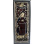 A stained glass panel depicting the Virgin Mary, 105x36cm
