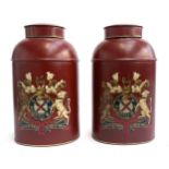 A pair of metal storage jars painted with the royal standard, each 45cmH