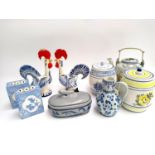 A mixed lot of ceramics to include a West German Gerz fish tureen, a pair of Majolica cockerels,