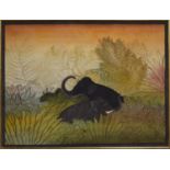 A large 20th century acrylic on canvas laid on board, Indian elephants amongst jungle foliage, 95.