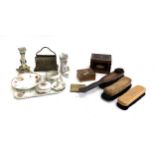 A mixed lot to include brass letter rack, marquetry concertina trinket box, shoe cleaning brush by