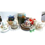 A mixed lot of ceramics to include Ironstone dragon handled jug, Devon ware poppy teapot and milk