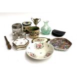 A mixed lot to include silver topped cut glass dressing table pots, Wedgwood hexagonal trinket