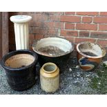 A number of ceramic planters and a stoneware jar, together with a garden column