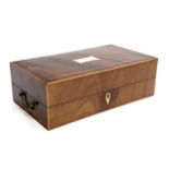 19th Century Mahogany writing box with brass inlay and ivory plaque with twin handles 33x18.5x11 cm