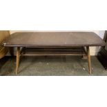 An Ercol coffee table, with slatted undershelf, on splayed turned legs, 106x46x36cmH