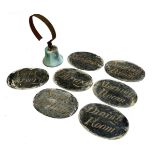 6 oval servants bell labels 15.5x11.5cm, various rooms, together with a servants bell