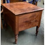 A 19th century mahogany commode, hinged lid on turned legs, 46x48x47cmH