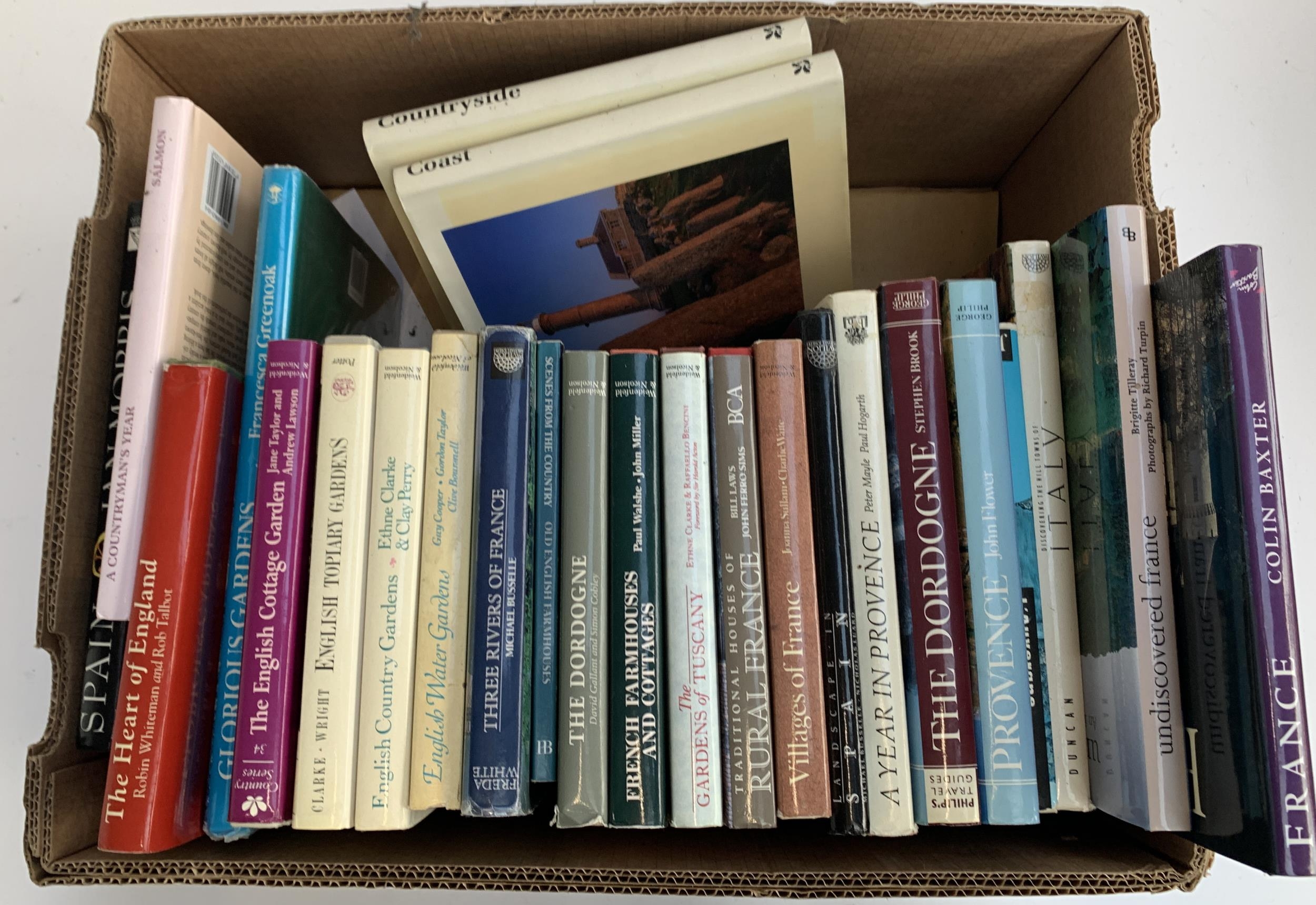 A box of topographical books, mostly on the subject of English gardens