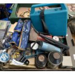 A mixed lot of tools and automobilia to include footpumps, vintage oil cans (Duckham's Cue 20-50,