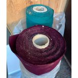 Two large rolls of fabric, each approx. 155cmW, green and maroon; together with one other dark blue,