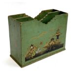 A green and parcel gilt Japanned letter rack depicting figure and pagodas, 30cmW