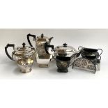 A four piece plated service comprising teapot, coffee pot, milk jug and sugar bowl, together with