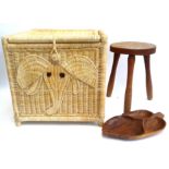 A small wicker storage box with elephant head decoration, 45x36x44cmH, together with a small