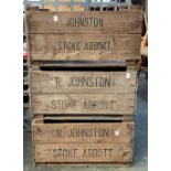 Three vintage apple crates marked Johnstone Stoke Abbott, each 53cmW
