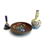 A Chinese cloisonne dish & bell; together with a small copper vase enamelled with cats, 8cmH