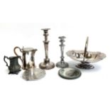 A Neo classical plated candlestick, 30cmH, together with one other, a swing handled bonbon dish,