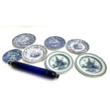 A Bristol blue glass rolling pin, 39cmW, Canton views opaque china plate, a pair of 19th century