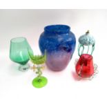 A mixed lot of art glass items, to include a large blue and purple Monart style vase, 27.5cmH,