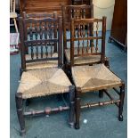 A harlequin set of four spindle back chairs, with rush seats