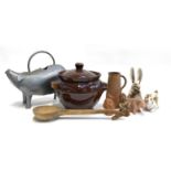 A mixed lot to include urban ware twin handled pot, 26.5cmH, metal pig watering can, wooden ladle,