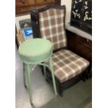A tartan upholstered occasional chair; together with a Lloyd Loom wicker and bentwood kitchen stool,