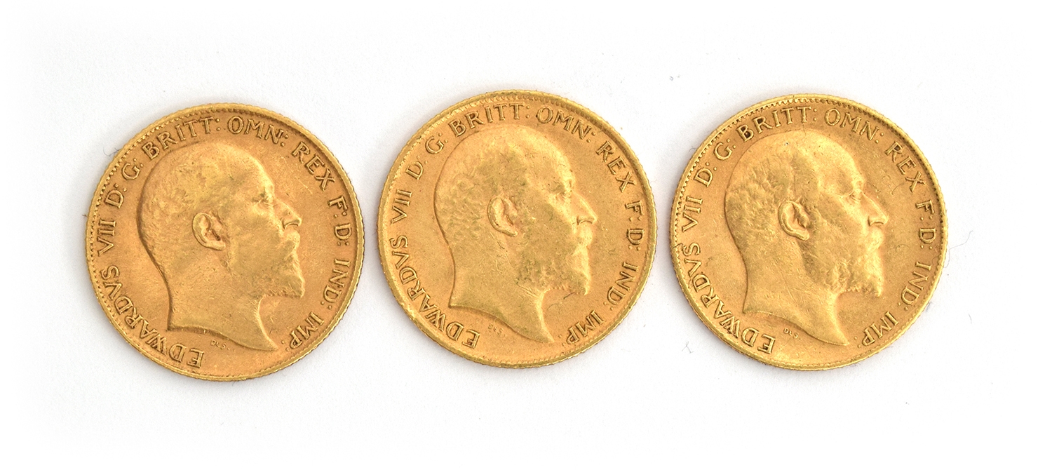 Three Edward VII half sovereigns, 11.95g, one 1905 and two 1906