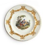 A Dresden porcelain cabinet plate, hand painted scene depicting lovers in a continental landscape,
