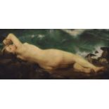 20th century Dutch, Reclining female nude on the waters edge, oil on canvas, signed indistinctly