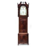 A mahogany longcase clock, broken pediment over the domed dial with sun and moon phase, 222cm high