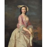 Joseph Highmore (1692-1780), three-quarter length portrait of a lady holding white gloves, oil on