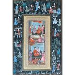 A Persian miniature gouache on paper, depicting palace gathering scenes, intricately detailed border