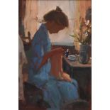 20th Century continental school Girl Sewing at Table, oil on board, indistinctly signed lower