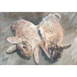 William Joseph Oxer B.A. F.R.S.A., A brace of Rabbits, oil on canvas, 28 x 40cm, label to verso for