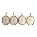 A set of four early 20th century watercolour and pencil miniatures of blonde children, in gilt metal