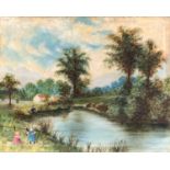 19th century continental school, children picking flowers near a lake, oil on canvas, 30x38cm