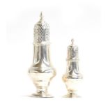 Two George III silver sugar casters by Robert Peaston, London 1762 and 1768, 19cm and 13cm high,