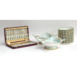 A Royal Crown derby set of cased flatware and part dinner service, powder blue ground with white