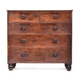 A North country mahogany chest of two short over three graduating drawers, on turned feet, 124cm