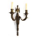 A gilt metal wall two arm electric wall sconce in the Adam style, 48cm high, bears label for