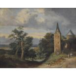 Early 19th century continental school, figures and a tower in a landscape, oil on board, dated