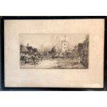 A drypoint etching of a market street, signed Max R Hofler lower left, 15x30cm; together with