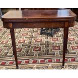 A Regency mahogany crossbanded card table, with ebony stringing, on square tapered legs, 91.