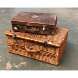 A wicker Fortnum & Mason picnic hamper, 52cmW; together with a small leather gents overnight case (