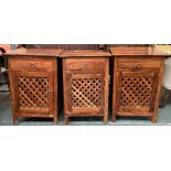 Three eastern hardwood bedside cabinets, each with drawer over lattice cupboard, 44x32x66cmH